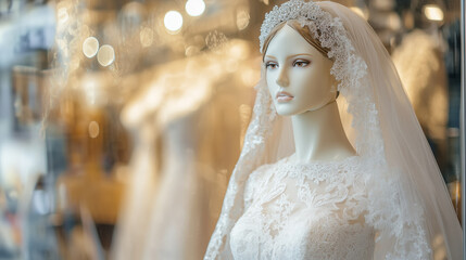 Naklejka premium Mannequin showcasing a stunning lace wedding gown and veil in a bridal boutique window, evoking a romantic ambiance