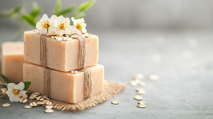   Three stacked soap bars with flowers centered and oats surrounding them