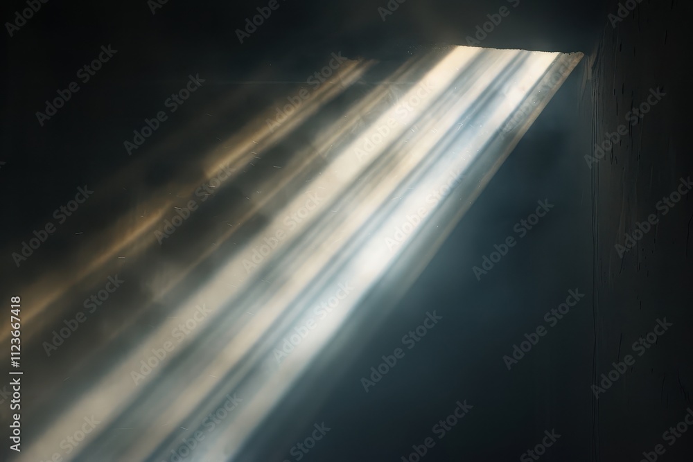 Poster Sunlight filtering through dark clouds creates a dramatic and serene atmosphere in an enchanting natural setting during early morning hours