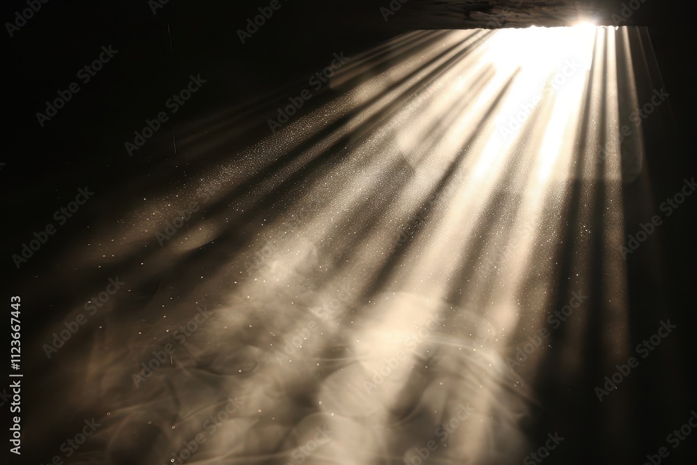 Poster Sunlight filtering through dark clouds creates a dramatic and serene atmosphere in an enchanting natural setting during early morning hours