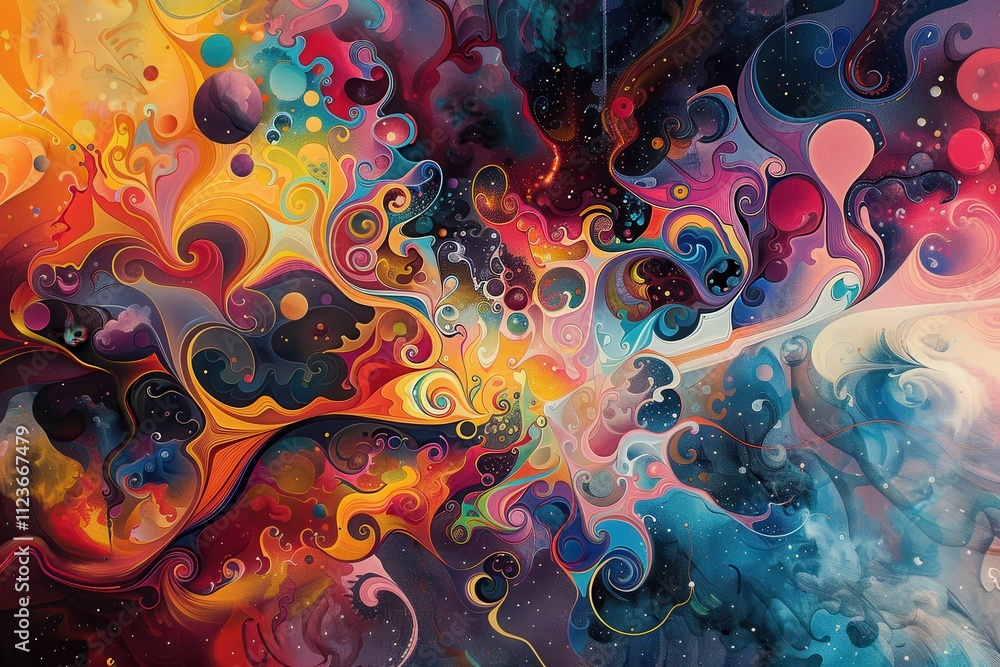Poster Colorful abstract design featuring swirling patterns and vibrant hues creating a cosmic atmosphere with a sense of movement and energy