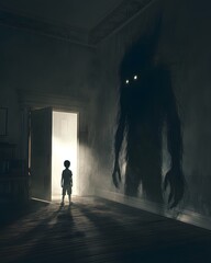 Child stands in doorway as shadowy figure looms in darkened room during eerie nighttime