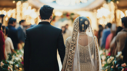 Newly married couple walking down the aisle at their traditional pakistani wedding ceremony