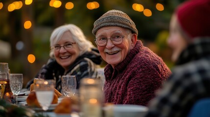 Happy elderly couple enjoying outdoor dinner party