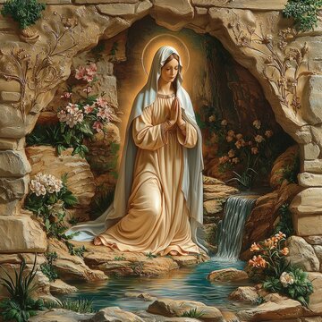 icon shows Virgin Mary appearing tranquil grotto flowing robes and luminous halo. Natural elements like spring and flowers enhance sacred atmosphere.