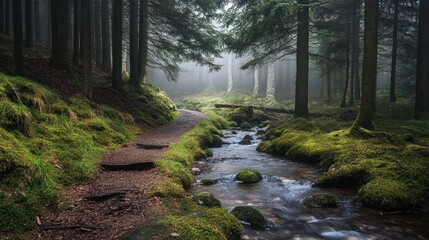 Tranquil Forest Path Over Stream in Misty Landscape