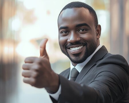 Confident African American man in a suit gives a thumbs up, exuding positivity and professionalism.