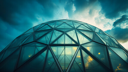 A futuristic geometric dome made of triangular glass panels glowing under the evening sky.