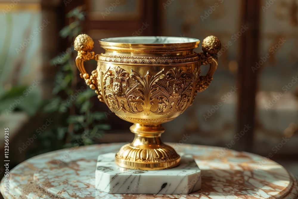Poster Golden decorative urn displayed on a marble base showcasing intricate designs and craftsmanship under soft lighting in an indoor setting
