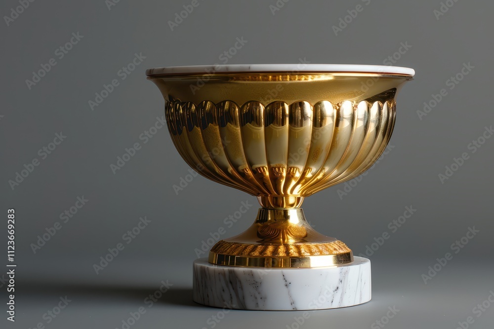 Poster Golden decorative urn displayed on a marble base showcasing intricate designs and craftsmanship under soft lighting in an indoor setting