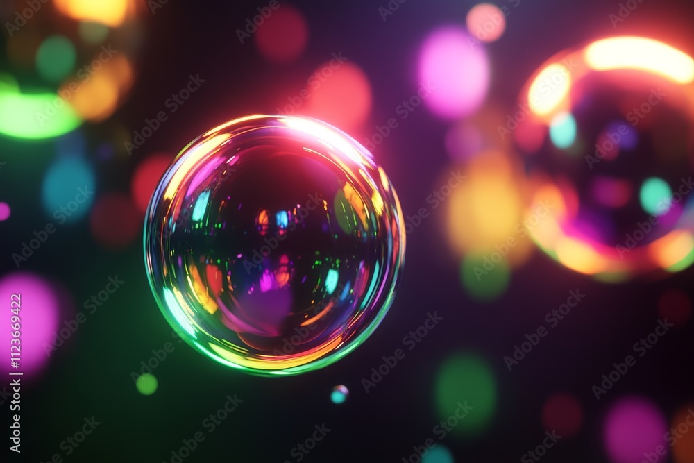 Poster vibrant soap bubbles floating against a colorful backdrop, creating a dreamy and whimsical atmospher