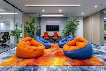 Bright breakout area with beanbags and vibrant decor for collaborative relaxation and creativity