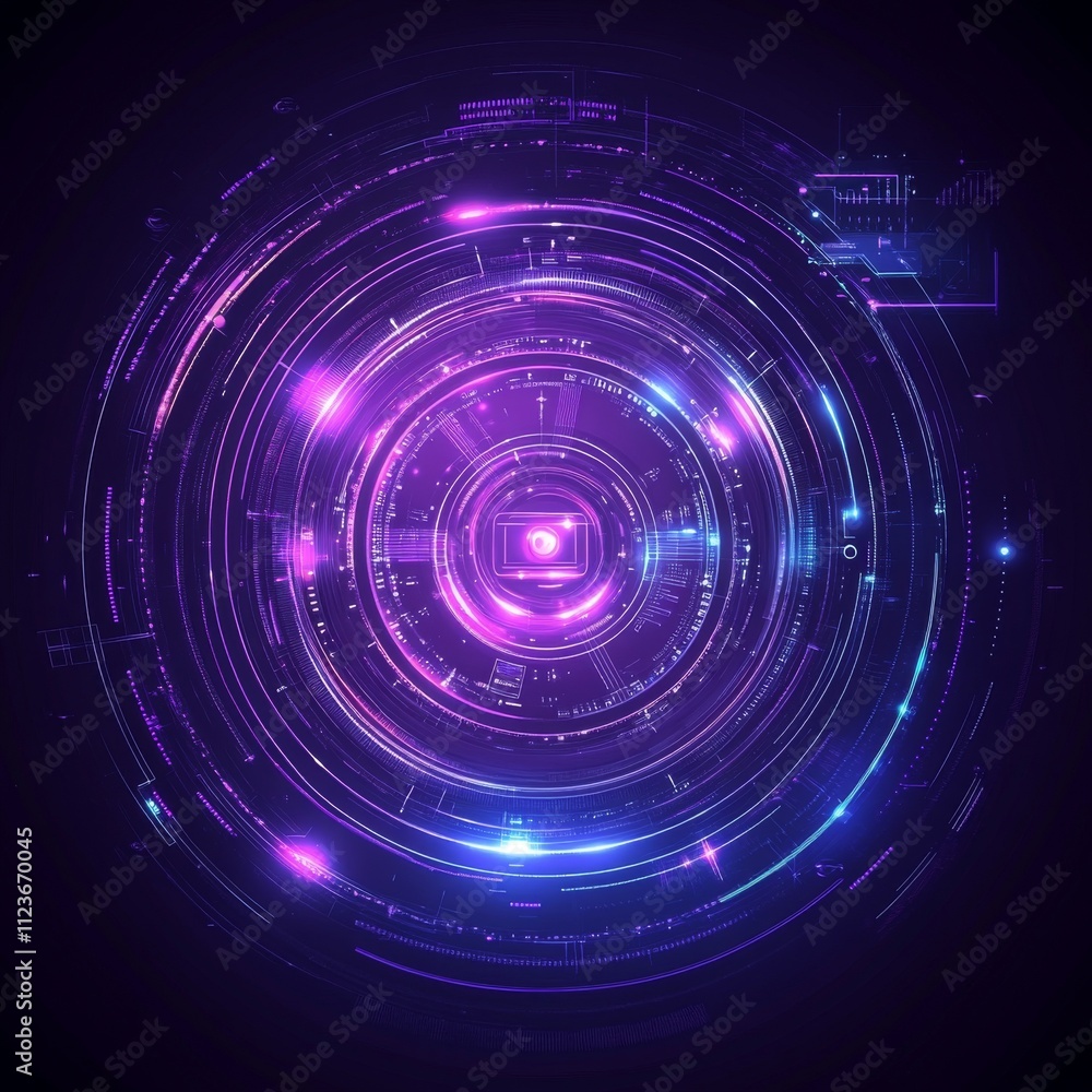 Poster a vibrant and dynamic abstract digital background featuring circular neon patterns in purple and blu