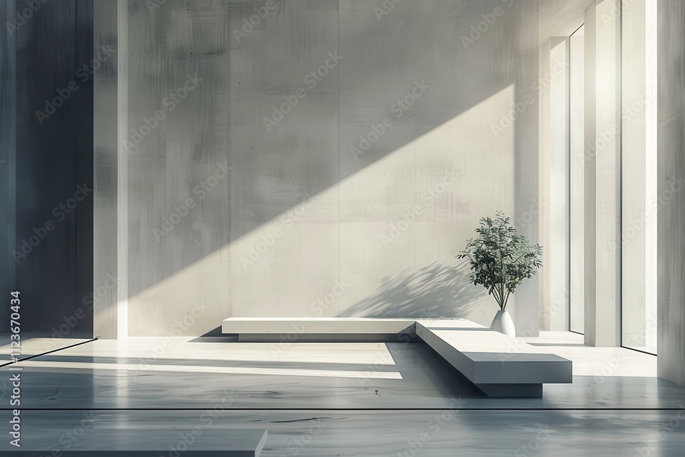Poster minimalist interior design featuring natural light and greenery, showcasing a modern space with simp