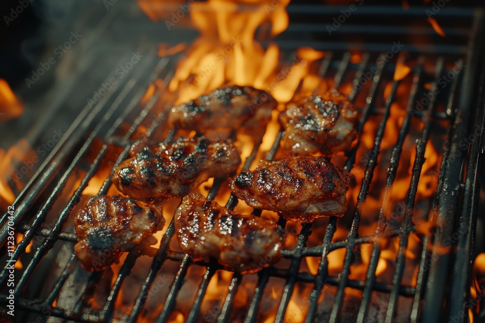 Poster Grilled chicken pieces sizzling over vibrant flames in a BBQ grill, showcasing a mouthwatering barbecue experience.