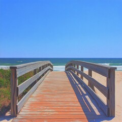 Obraz premium A serene wooden boardwalk leading to a tranquil beach, framed by lush greenery and a clear blue sky.