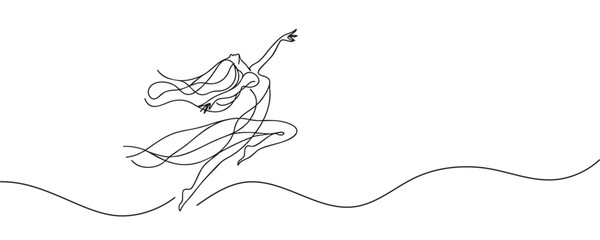 continuous line drawing of woman dancing in long dress. vector illustration
