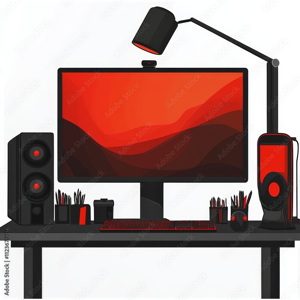 Aufkleber modern workspace featuring a sleek black and red computer setup with a monitor, keyboard, and colorf