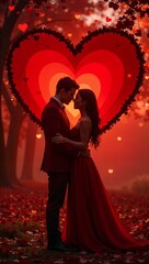 A romantic couple embraces under a large glowing heart in a dreamy forest setting. Both dressed in red, they are surrounded by scattered red petals and soft heart-shaped bokeh