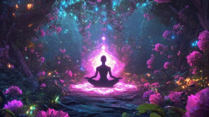 Fototapeta premium Vibrant meditation person luminous energy and chakras in mystical garden of radiant flowers.