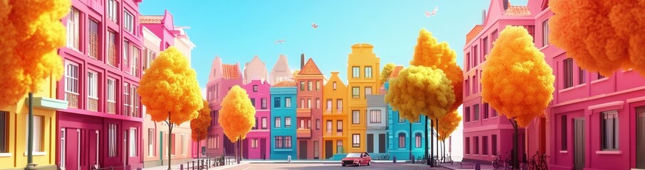 Naklejka premium A sweeping autumn vista of Amsterdam. Renowned Dutch canals and stunning cityscape. Vibrant morning scene in the Netherlands, Europe. Ideal for a travel concept background