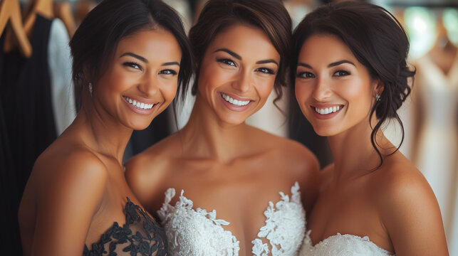 Brides and bridesmaids in beautiful white wedding gowns share joy and friendship while preparing for the big day in a bridal boutique