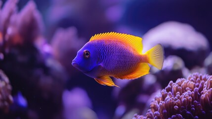 Vibrant blue and orange fish swimming in a coral reef aquarium.
