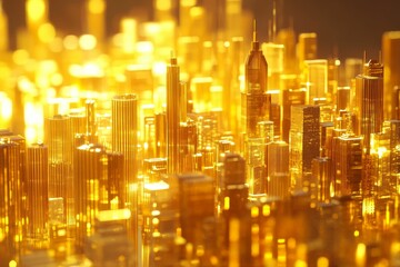 Fototapeta premium Golden city skyline, illuminated, miniature.