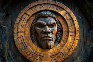 Naklejka premium Intricate wooden carvings depict sacred symbols and expressive faces from a secluded tribe's art