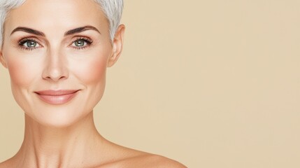 Fototapeta premium A senior woman with silver hair and radiant skin gently touching her face against a warm beige background, exuding confidence and elegance.