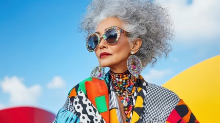 An older woman with gray curly hair in vibrant eclectic clothing and oversized accessories poses under a bright blue sky. Concept: individuality, art.