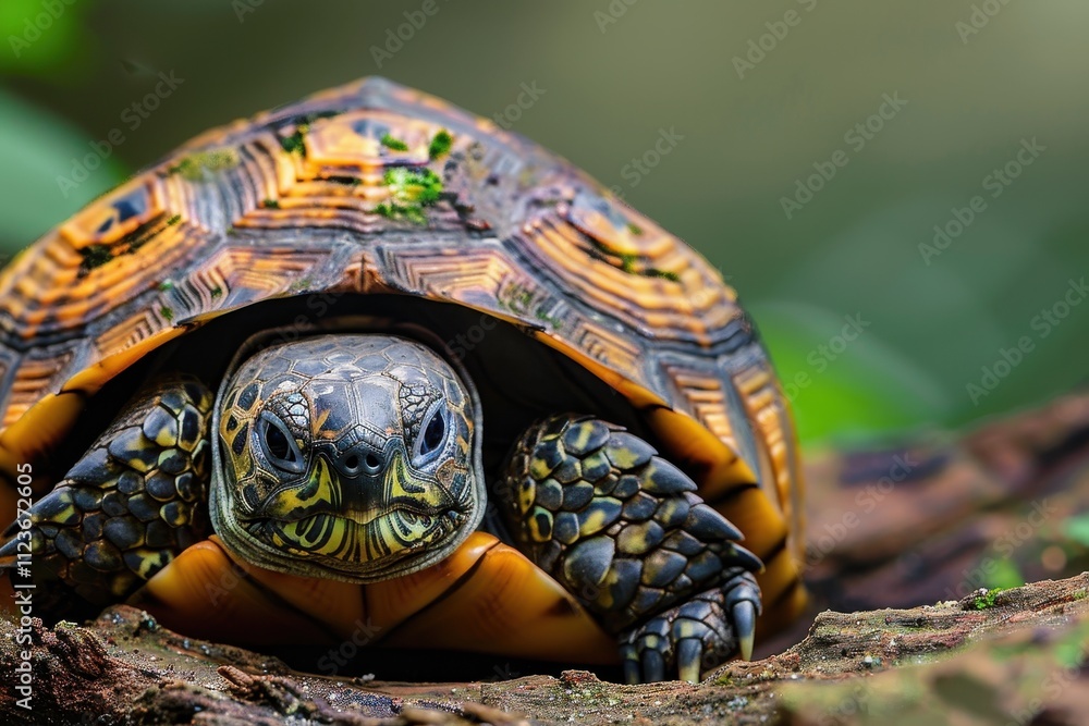 Poster tortoise restfully perched on the ground in a natural habitat with soft, blurred background details 