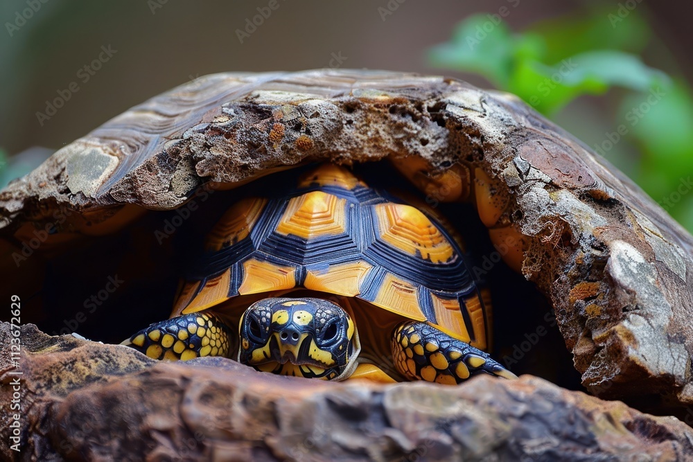 Poster tortoise restfully perched on the ground in a natural habitat with soft, blurred background details 