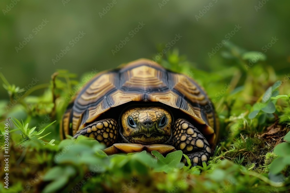 Poster tortoise restfully perched on the ground in a natural habitat with soft, blurred background details 