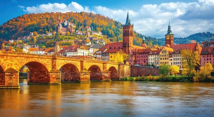 Obraz premium Germany's notable landmarks and charming towns include medieval Heidelberg, featuring the Karl Theodor Bridge and castle