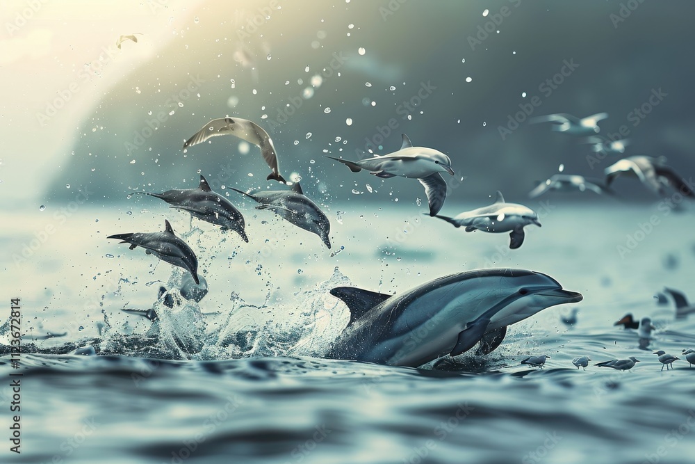 Poster captivating dolphins leap through ocean waves as seabirds fly above in a dynamic marine environment
