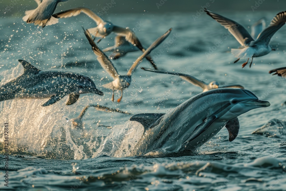Poster captivating dolphins leap through ocean waves as seabirds fly above in a dynamic marine environment