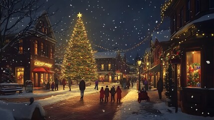 A snowy street scene at Christmas time