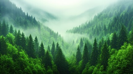 Fototapeta premium A serene landscape of dense, green pine forests shrouded in mist, showcasing layers of trees ascending misty hills, Ideal for nature-themed projects, ecological articles, or mindfulness content,
