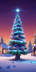 Obraz premium Christmas tree glowing with golden lights and a star topper in a snowy forest under a night sky