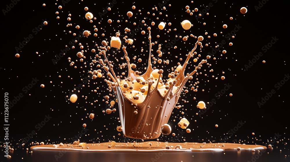 Poster a dynamic splash of chocolate with droplets and particles soaring, creating an enticing and artistic