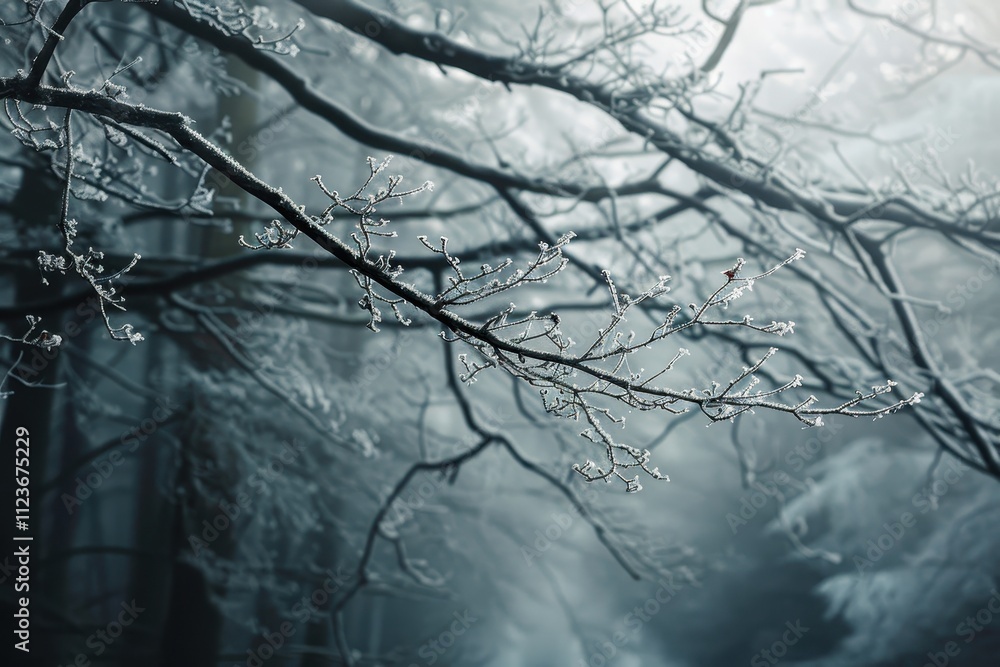 Aufkleber frost-covered branches on a cold winter morning create a serene atmosphere in a tranquil forest land
