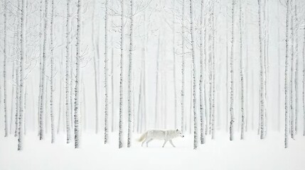  A white wolf roams through a snow-covered forest of tall, slender trees
