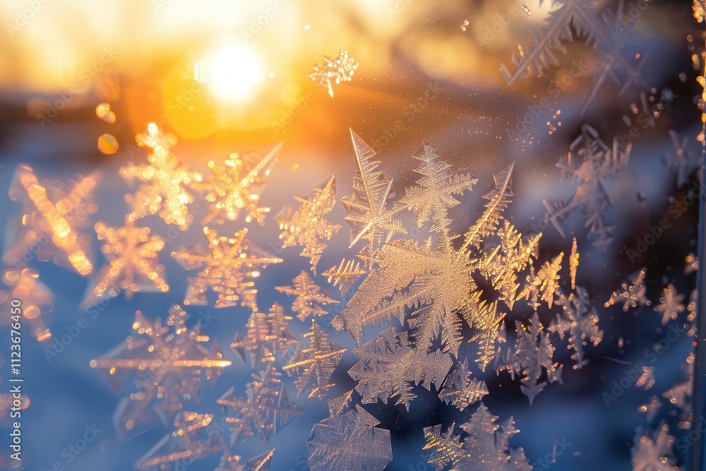 Poster frost patterns on window glass creating intricate, delicate designs in a winter morning light
