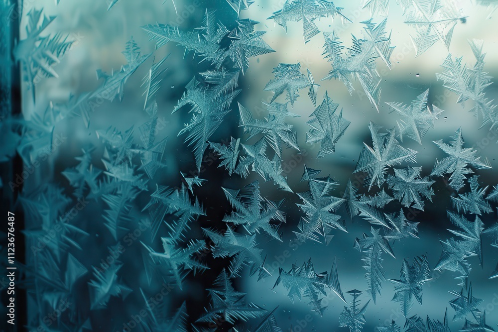 Poster frost patterns on window glass creating intricate, delicate designs in a winter morning light