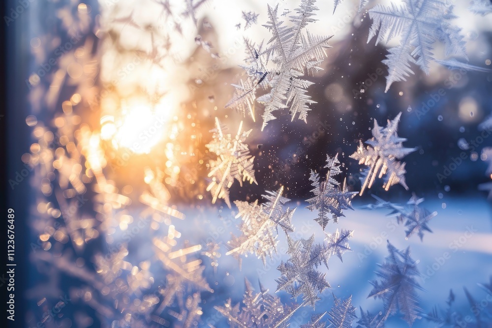 Poster frost patterns on window glass creating intricate, delicate designs in a winter morning light