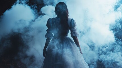 Fototapeta premium Woman in White Dress Amidst Blue Smoke