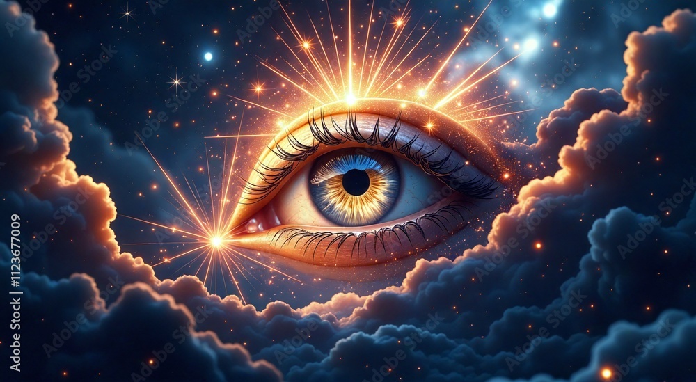 Wall mural ethereal eye emerging from celestial clouds illuminating the path to self-discovery and inner peace 