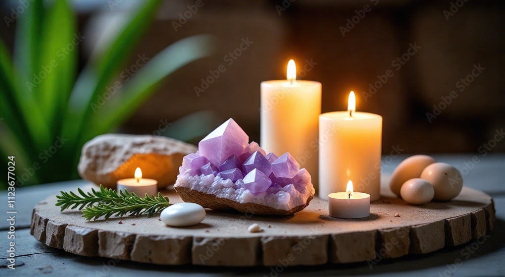 Wall mural crystals and candles create a serene atmosphere for mindfulness rituals and energy healing practices