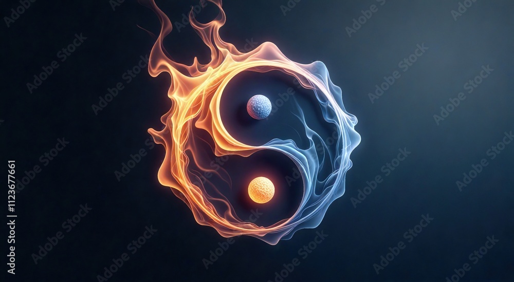 Wall mural exploring the harmony of duality through fiery and serene energies in a mystical yin-yang representa